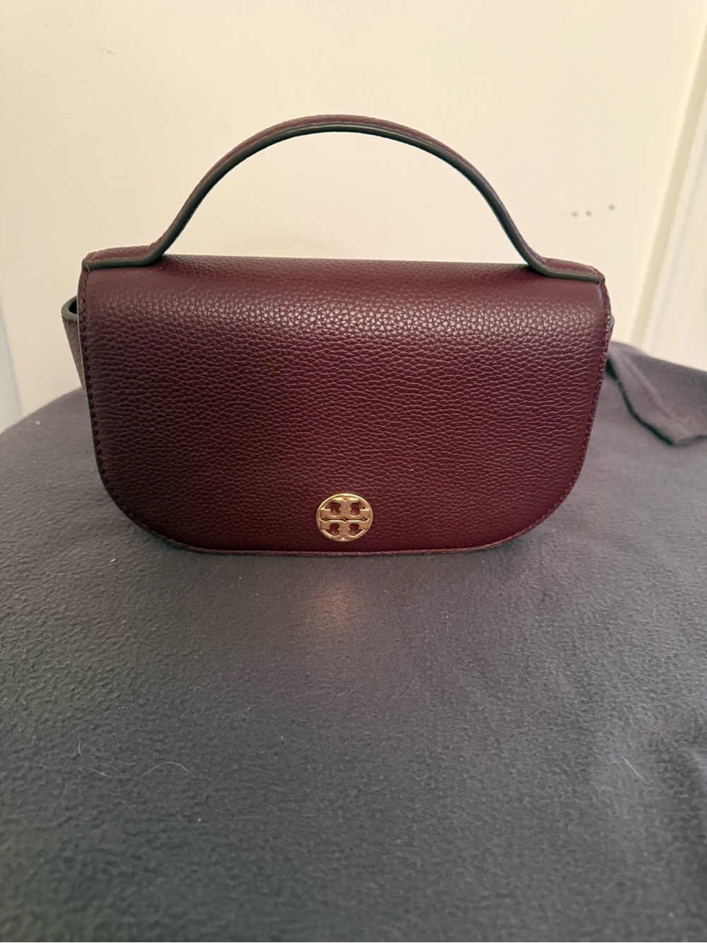 Tory Burch Wine Pebbled Leather Mini Top-Handle Bag with Gold Logo